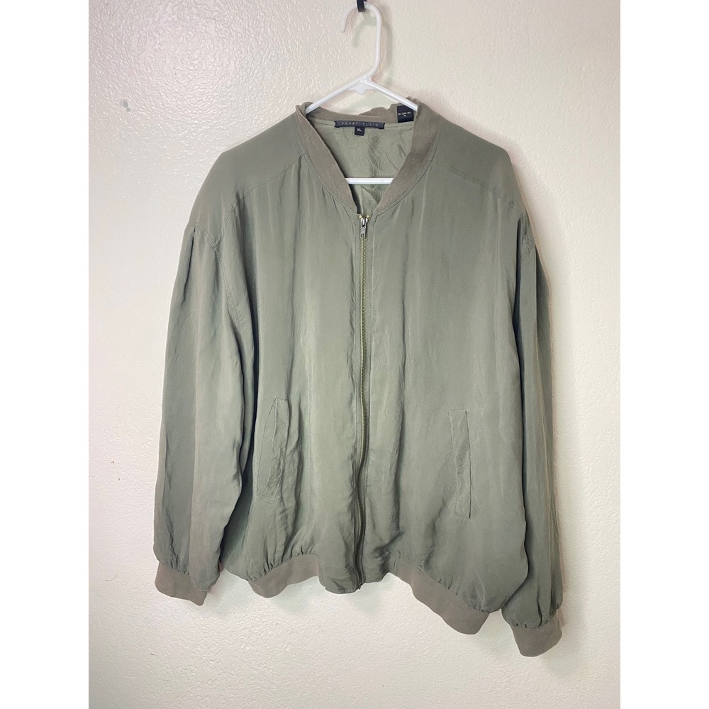 Vintage Perry Ellis Mens XL Olive Green 100% Silk Full Zip Bomber Jacket Lined